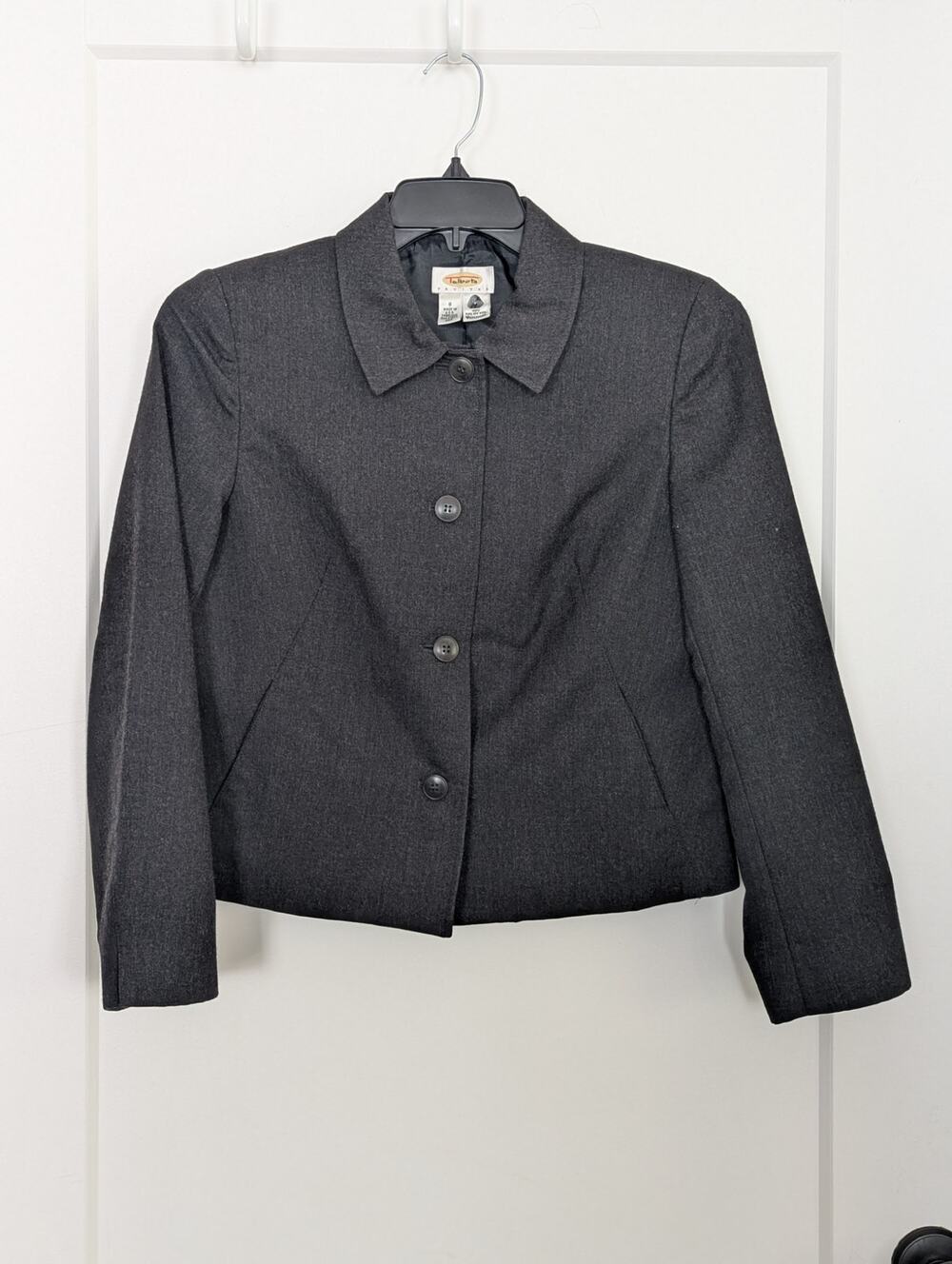 VTG Talbots Petites Wool Blazer Jacket Sz8P Charcoal Gray 4 Button USA Made